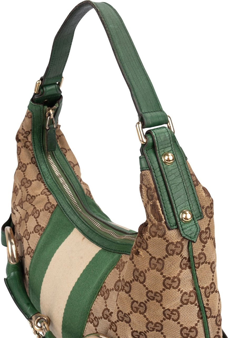 Gucci Gucci Monogram GG Web Stripe Horsebit Hobo Shoulder Bag Beige