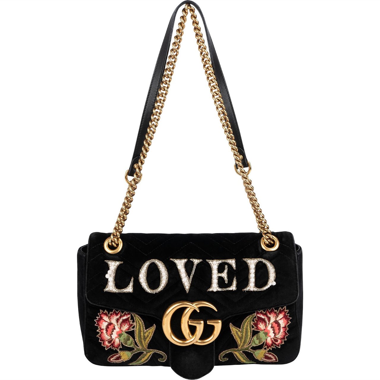 Gucci Monogram Velvet Small GG Marmont 'Loved' Embroidered Shoulder Crossbody Bag Zwart