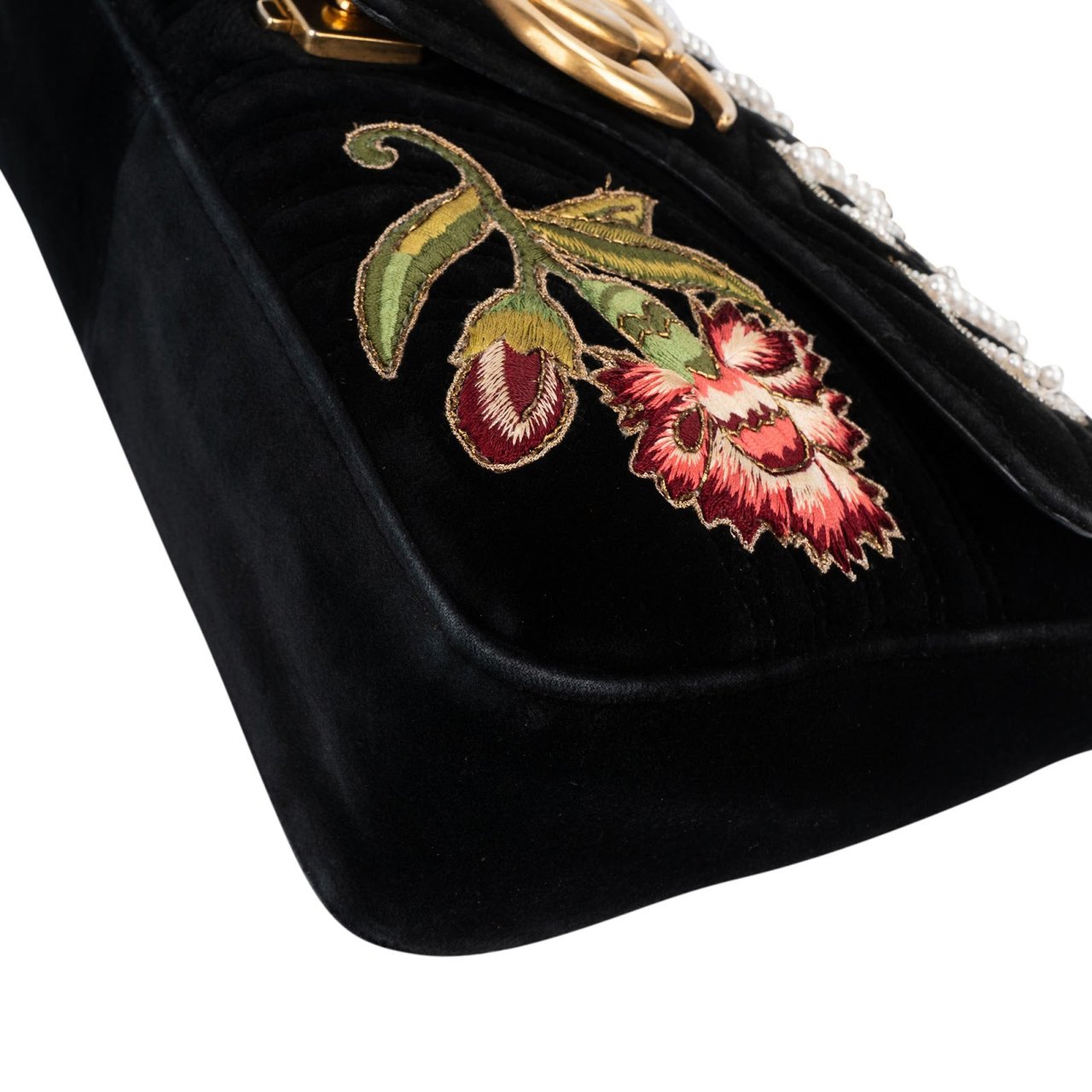 Gucci Monogram Velvet Small GG Marmont 'Loved' Embroidered Shoulder Crossbody Bag Zwart