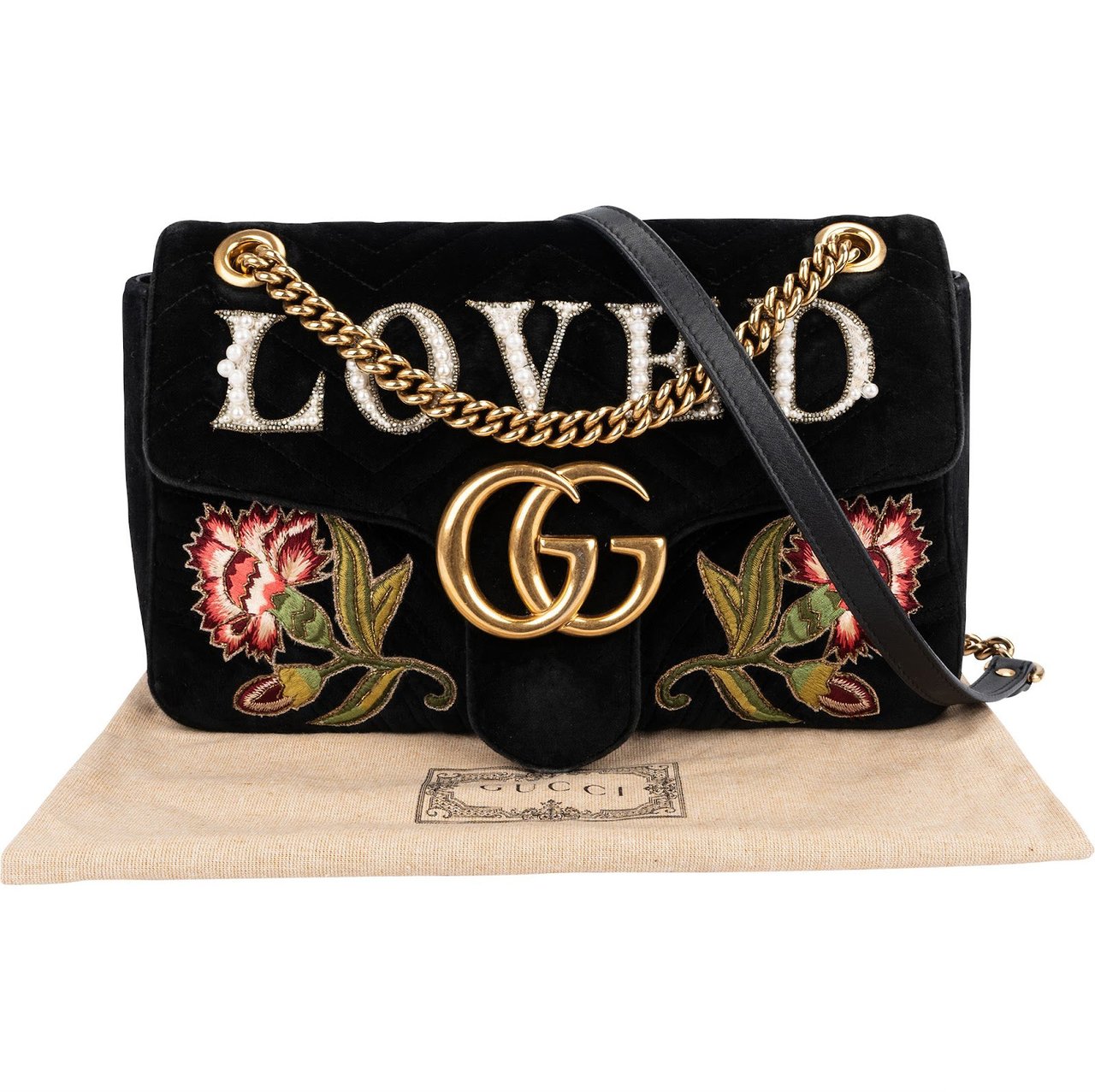 Gucci Monogram Velvet Small GG Marmont 'Loved' Embroidered Shoulder Crossbody Bag Zwart