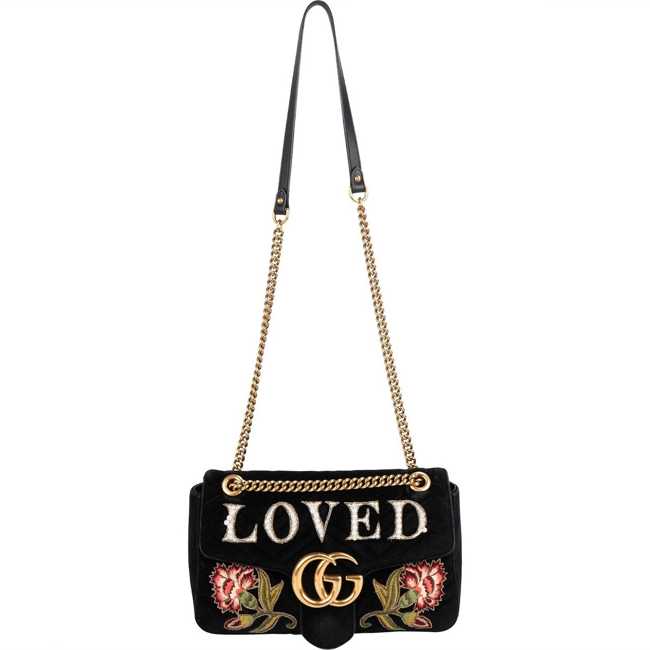 Gucci Monogram Velvet Small GG Marmont 'Loved' Embroidered Shoulder Crossbody Bag Zwart