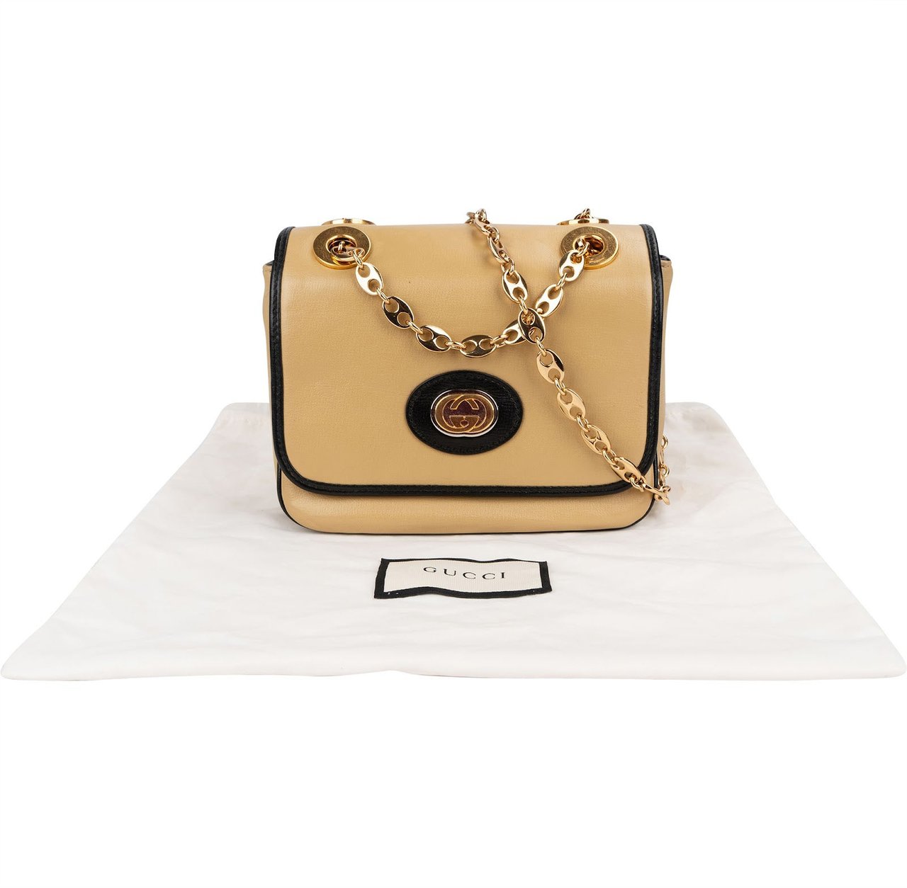 Gucci Leather GG Vintage Marina Chain Double Flap Crossbody Bag Beige