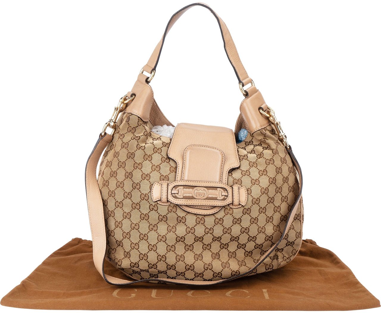 Gucci GG Monogram Horsebit Hobo Shoulder Bag Bruin