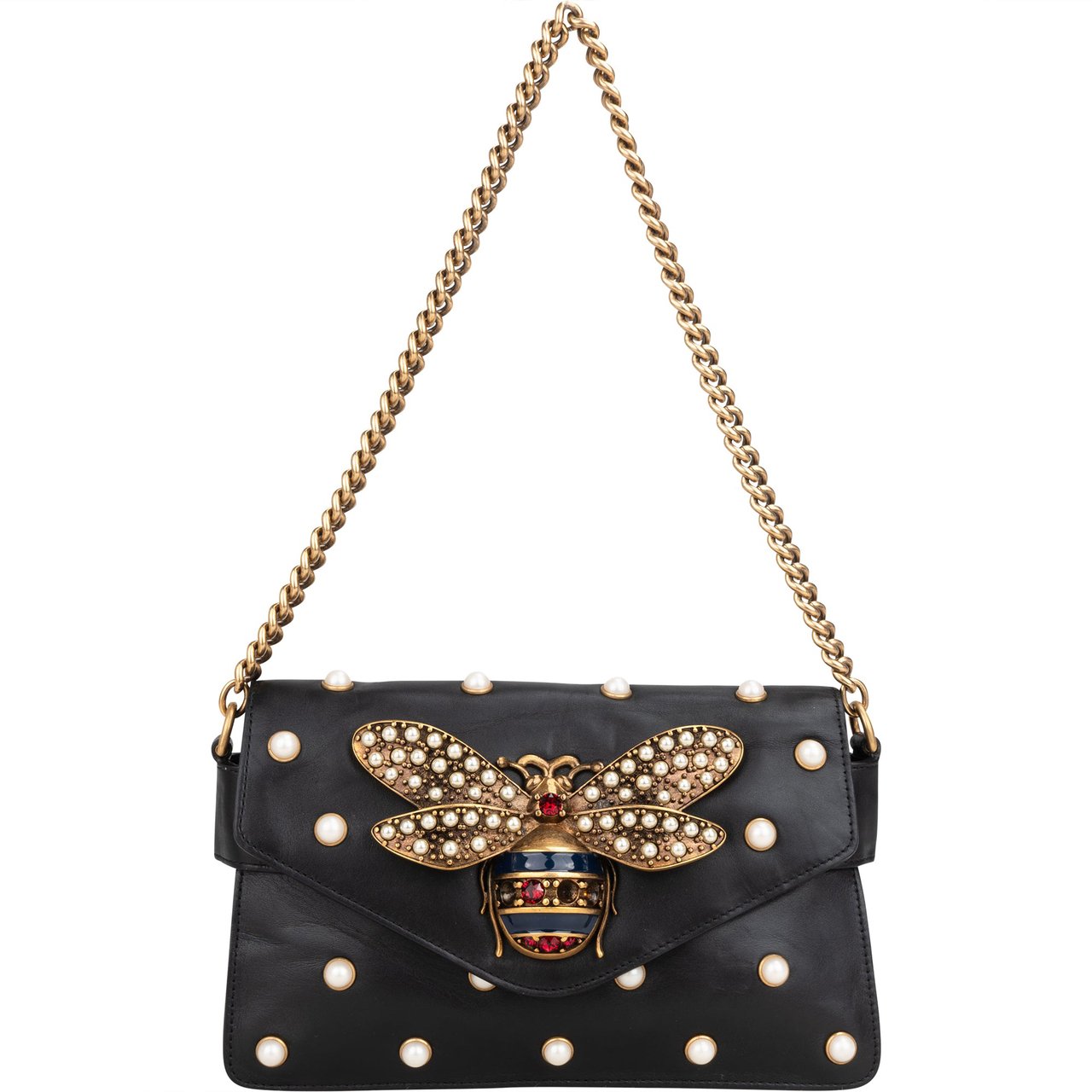 Gucci Black Leather Queen Margaret Bee Shoulder Bag Zwart