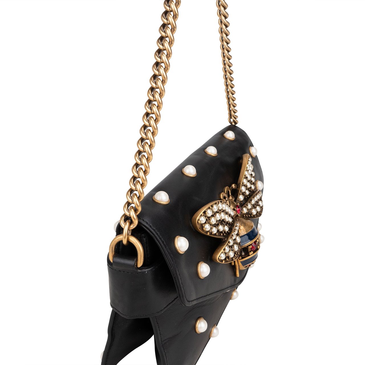 Gucci Gucci Black Leather Queen Margaret Bee Shoulder Bag Zwart