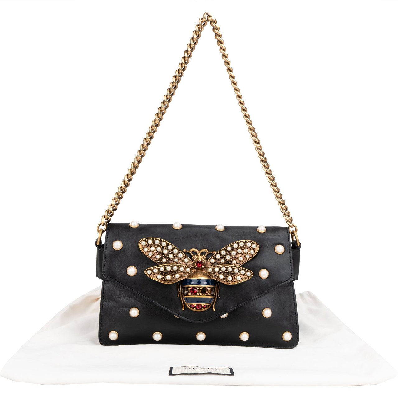 Gucci Gucci Black Leather Queen Margaret Bee Shoulder Bag Zwart