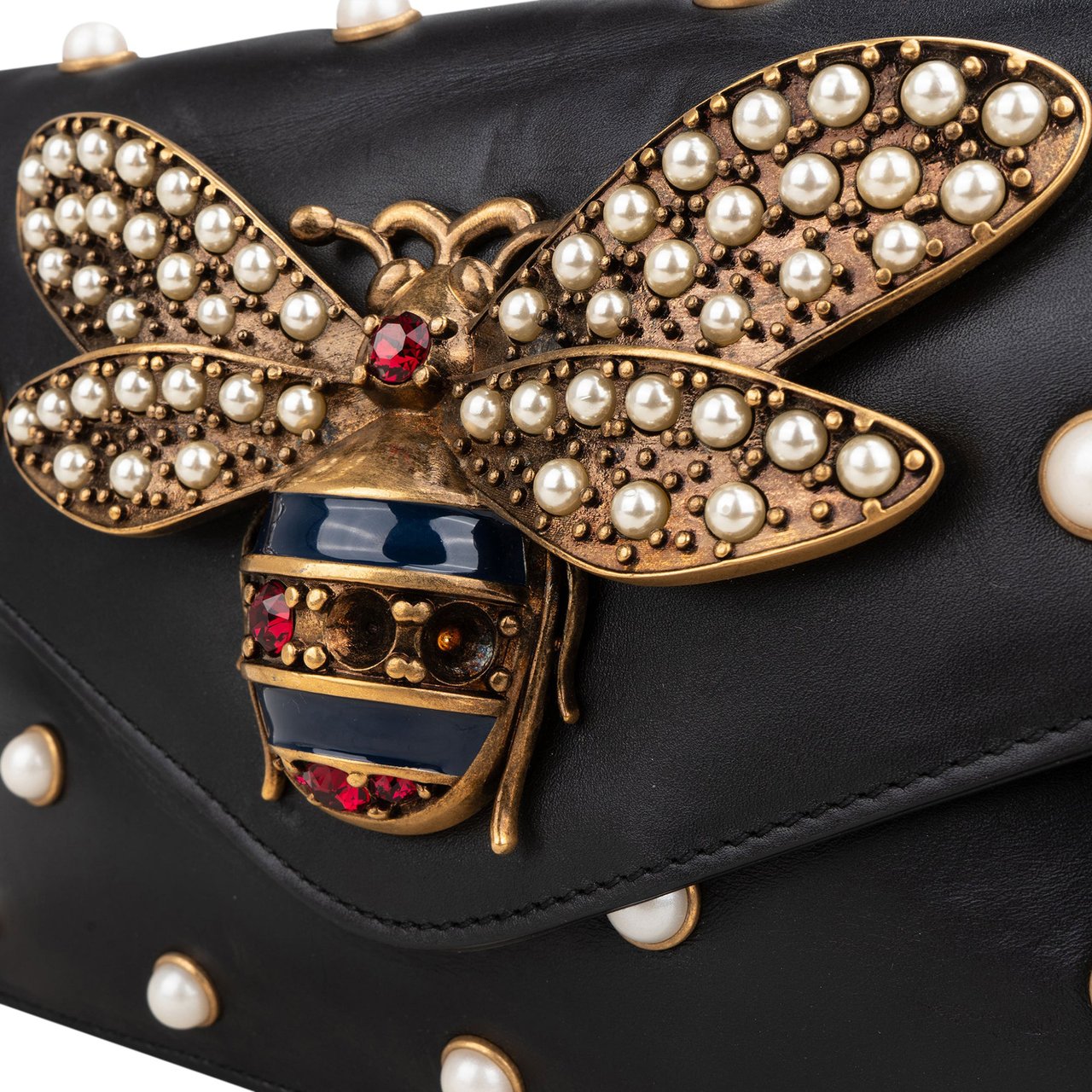 Gucci Gucci Black Leather Queen Margaret Bee Shoulder Bag Zwart