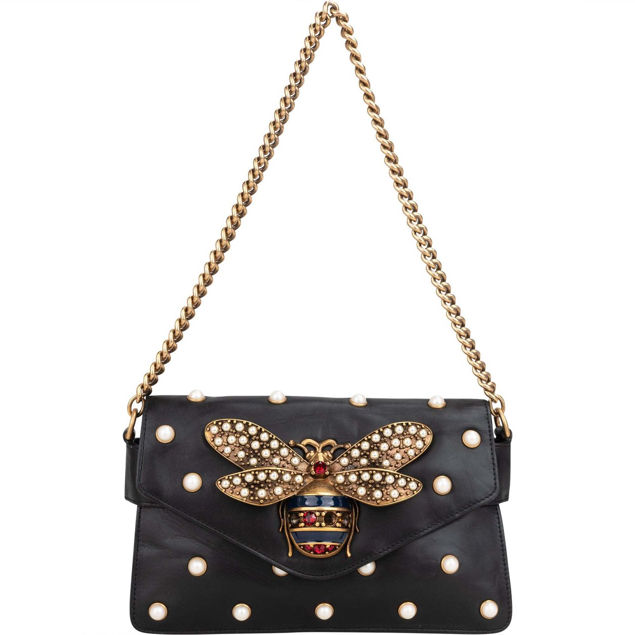 Gucci Gucci Black Leather Queen Margaret Bee Shoulder Bag Zwart