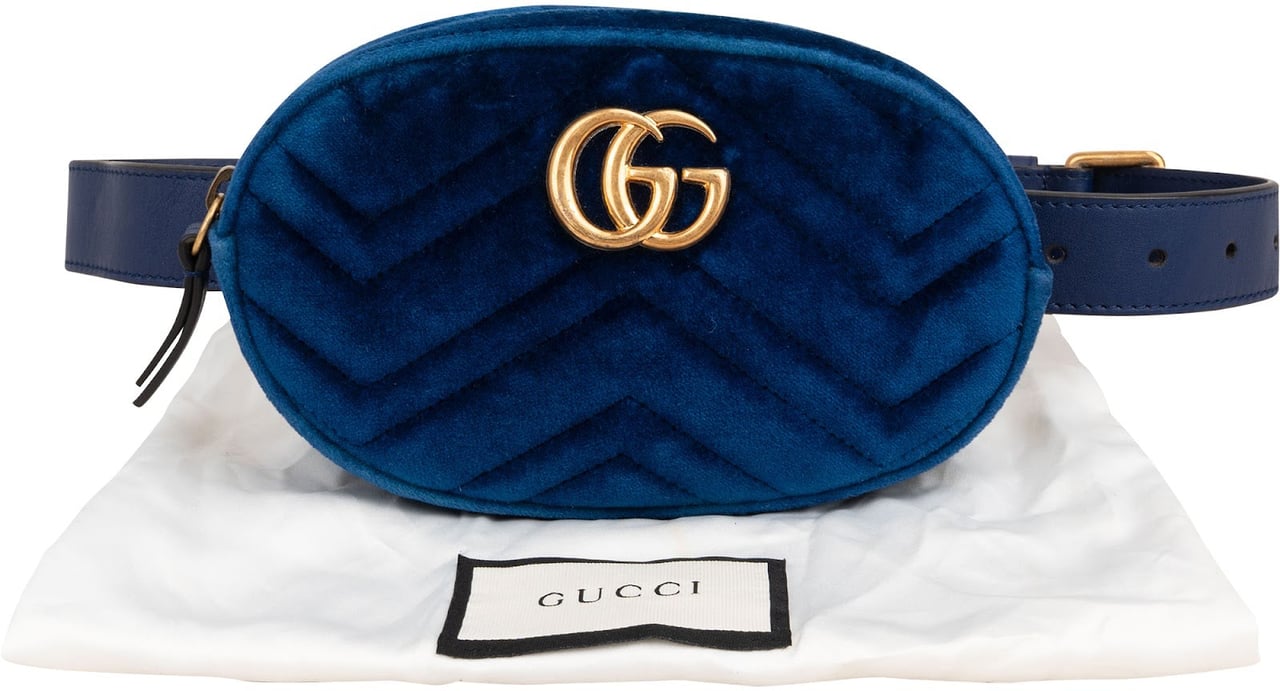 Gucci Gucci Blue Leather Velvet GG Marmont Matelassé Belt Bag Blauw