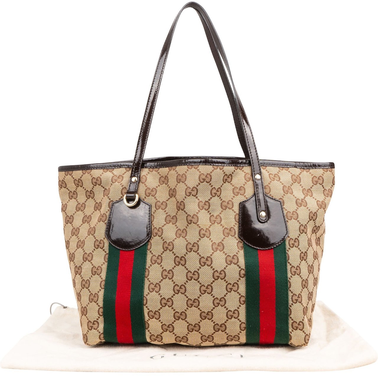 Gucci Monogram GG Canvas Patent Leather Shoulder Bag Beige