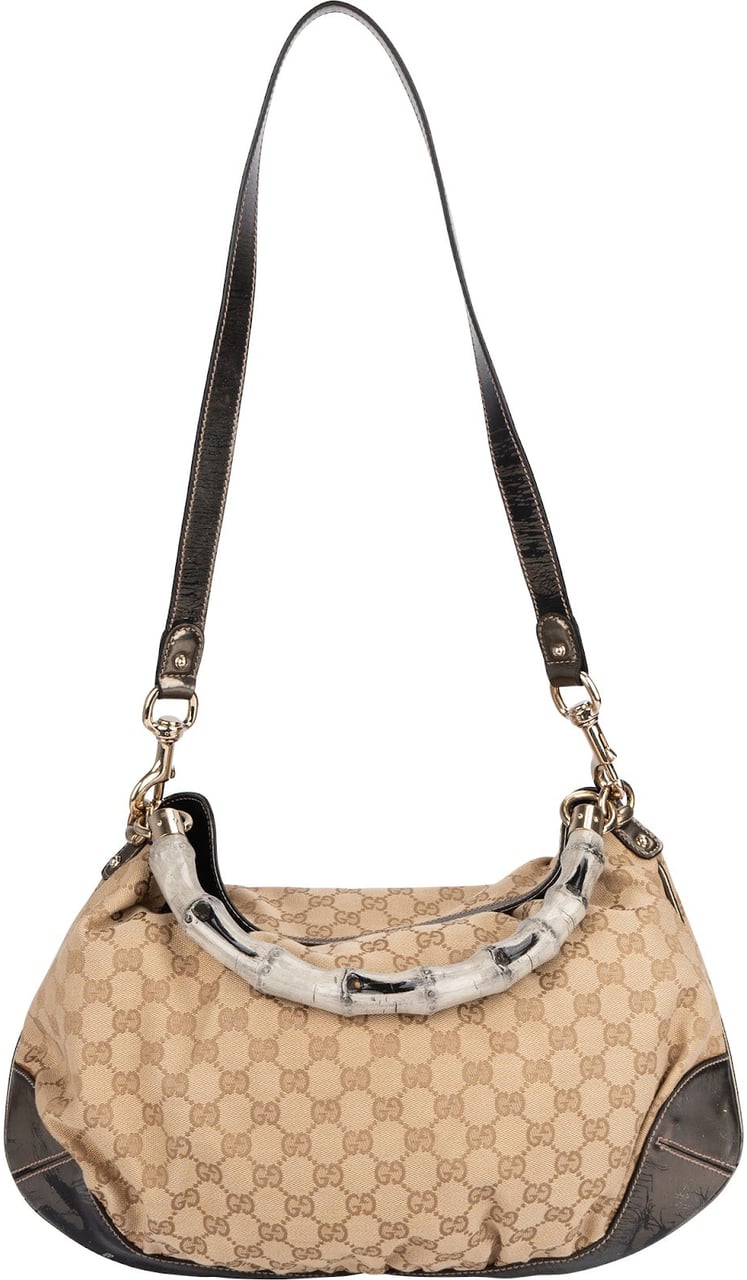 Gucci Gucci Monogram GG Bamboo Handle Shoulder Bag Beige