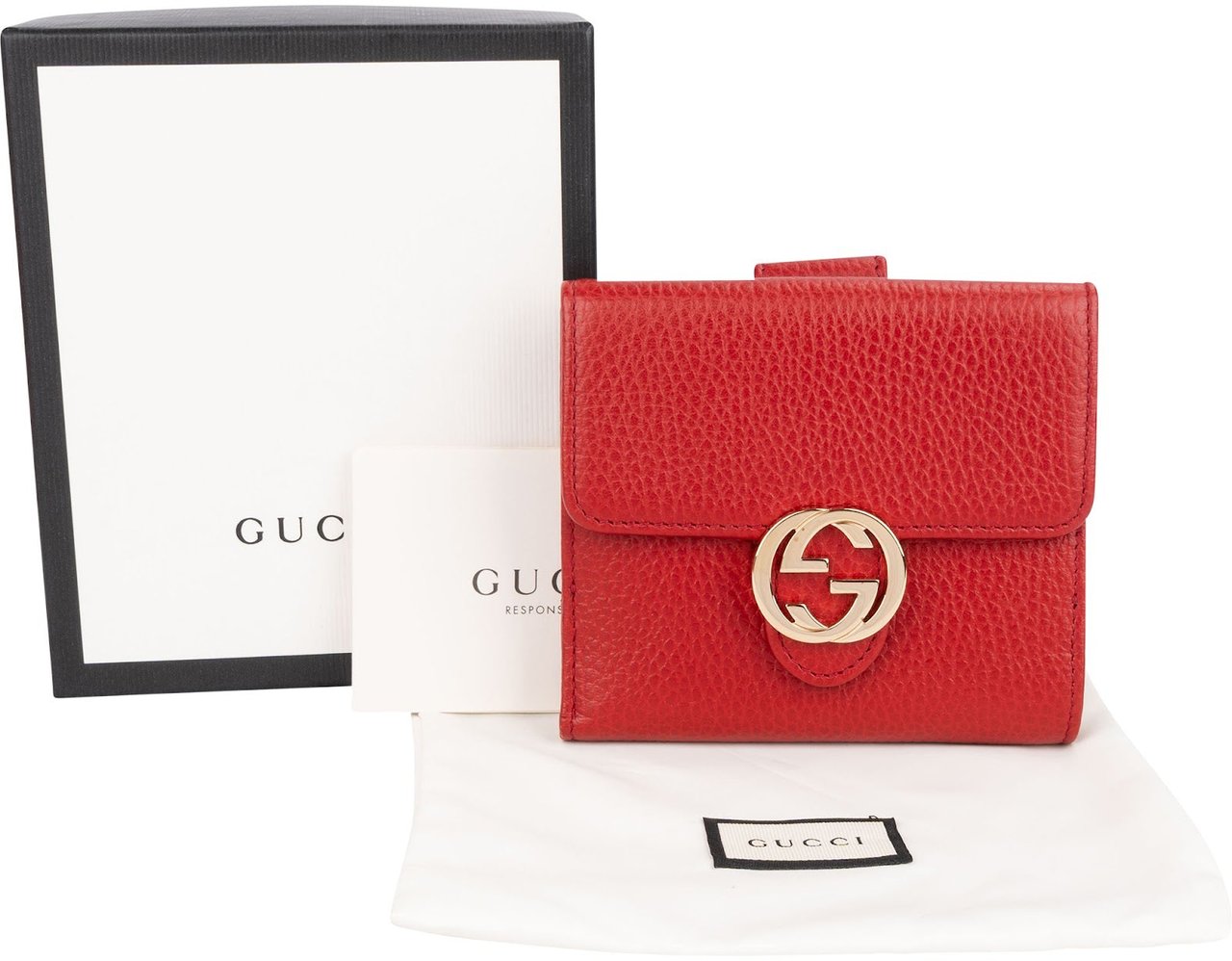 Gucci Pebbled Leather Interlocking G Compact Wallet Rood