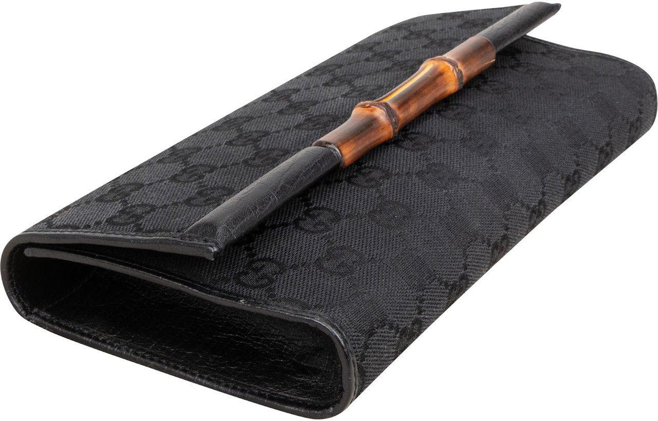 Gucci Monogram GG Canvas Bamboo Clutch Bag Zwart