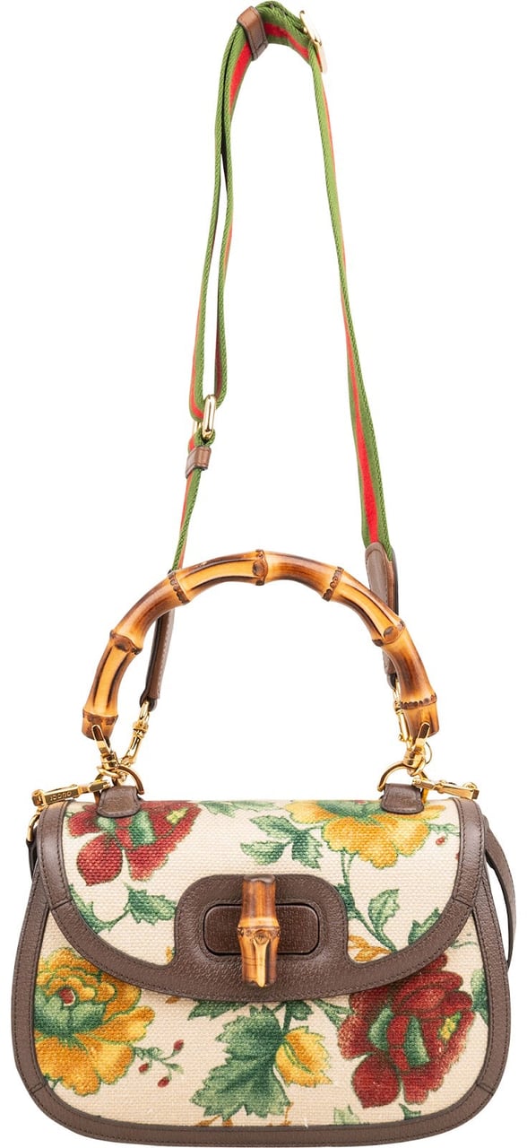 Gucci Floral Jacquard Bamboo 1947 Top Handle Crossbody Bag Bruin
