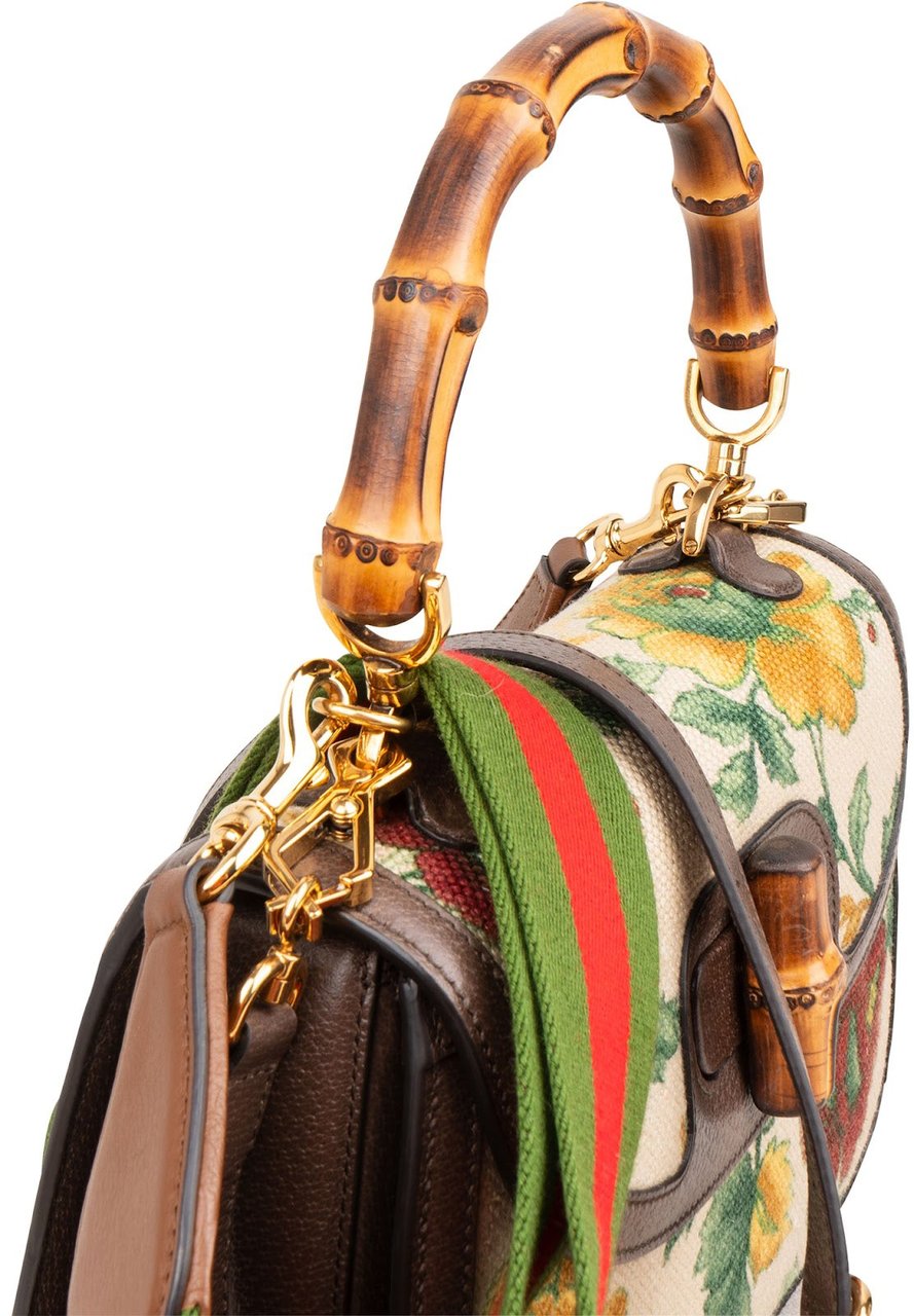 Gucci Floral Jacquard Bamboo 1947 Top Handle Crossbody Bag Bruin