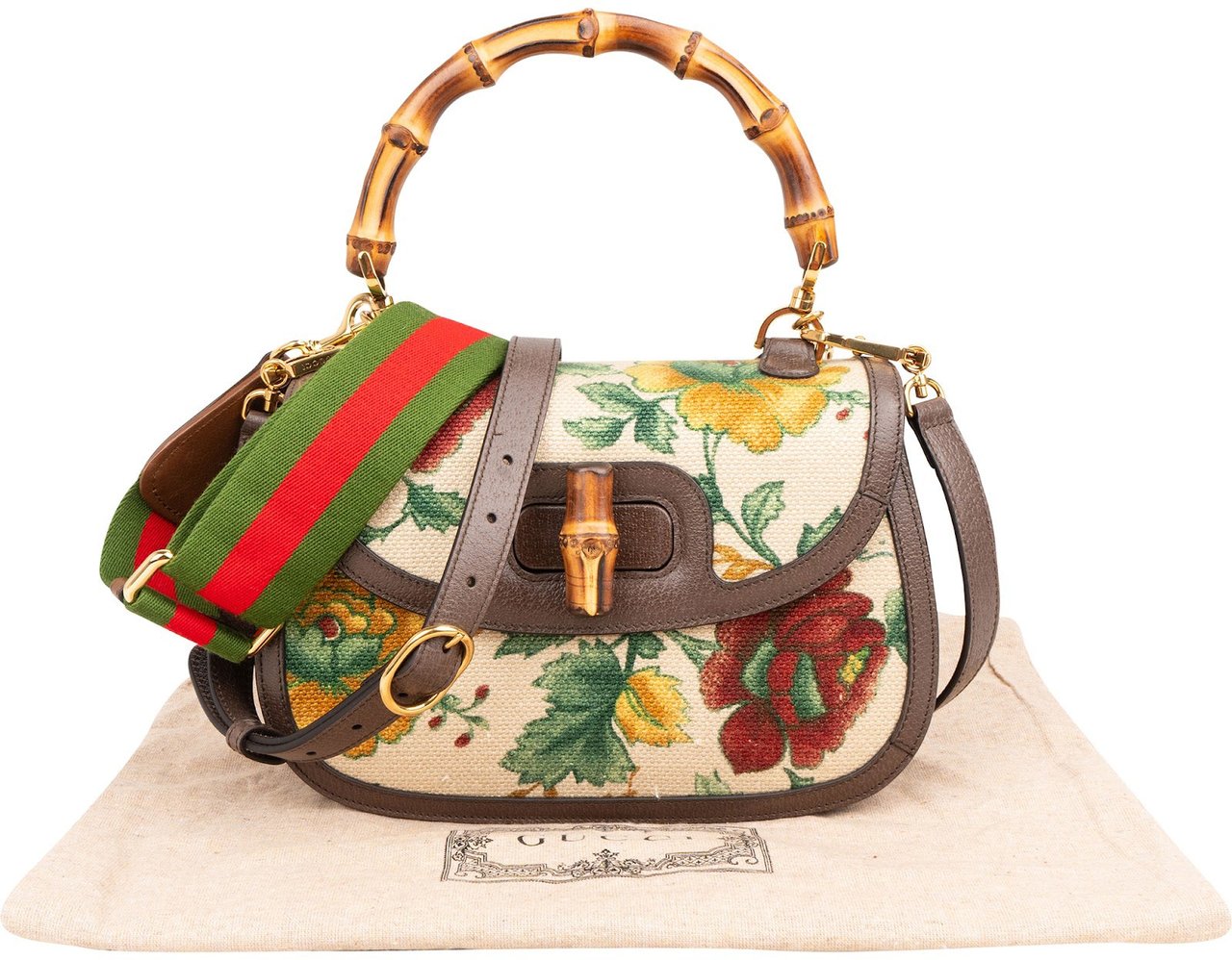 Gucci Floral Jacquard Bamboo 1947 Top Handle Crossbody Bag Bruin