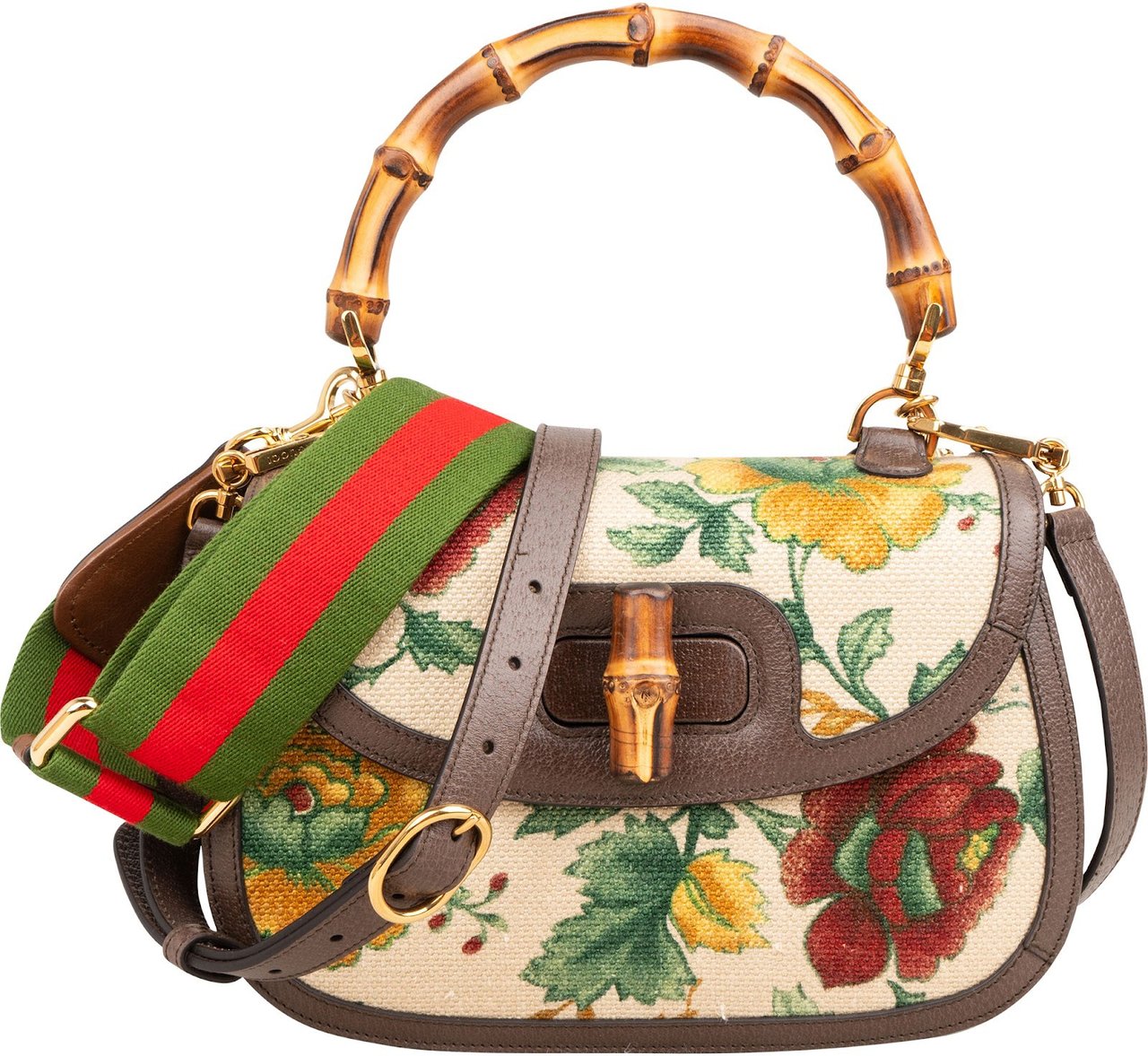 Gucci Floral Jacquard Bamboo 1947 Top Handle Crossbody Bag Bruin