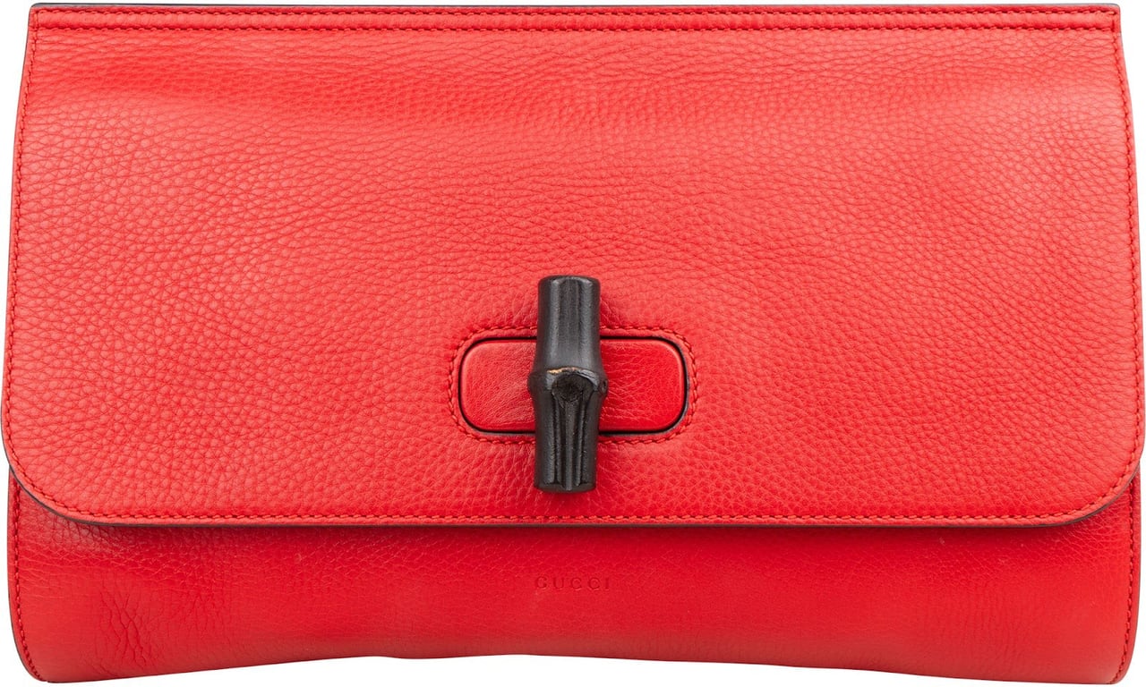 Gucci Red Pebbled Leather Bamboo Clutch Bag Rood
