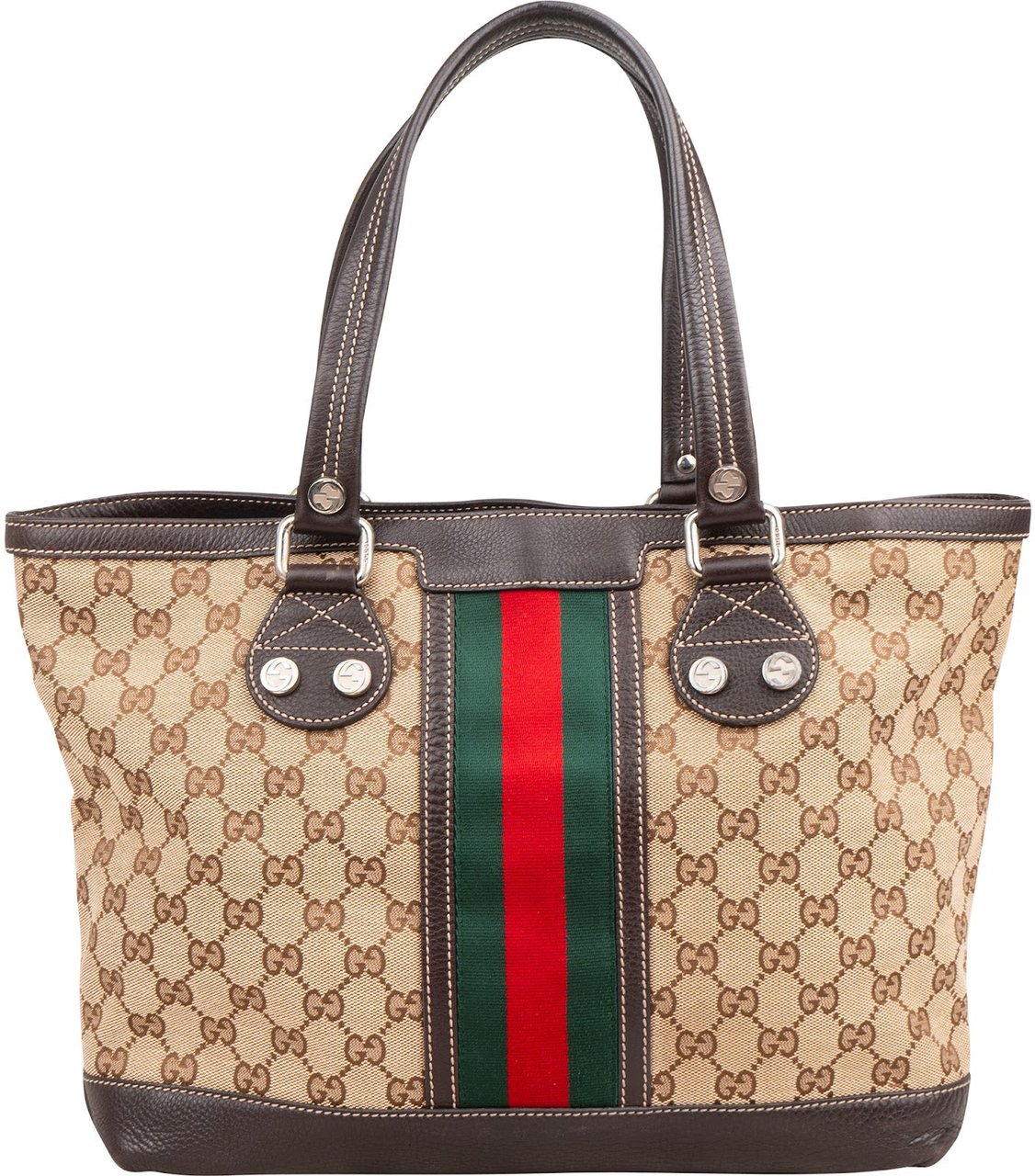Gucci Monogram GG Canvas Web Detail Tote Shoulder Bag Beige