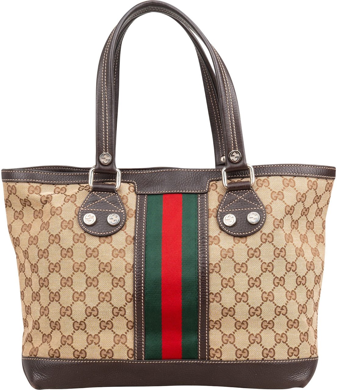 Gucci Monogram GG Canvas Web Detail Tote Shoulder Bag Beige