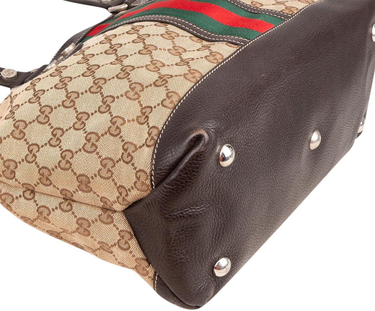 Gucci Monogram GG Canvas Web Detail Tote Shoulder Bag Beige