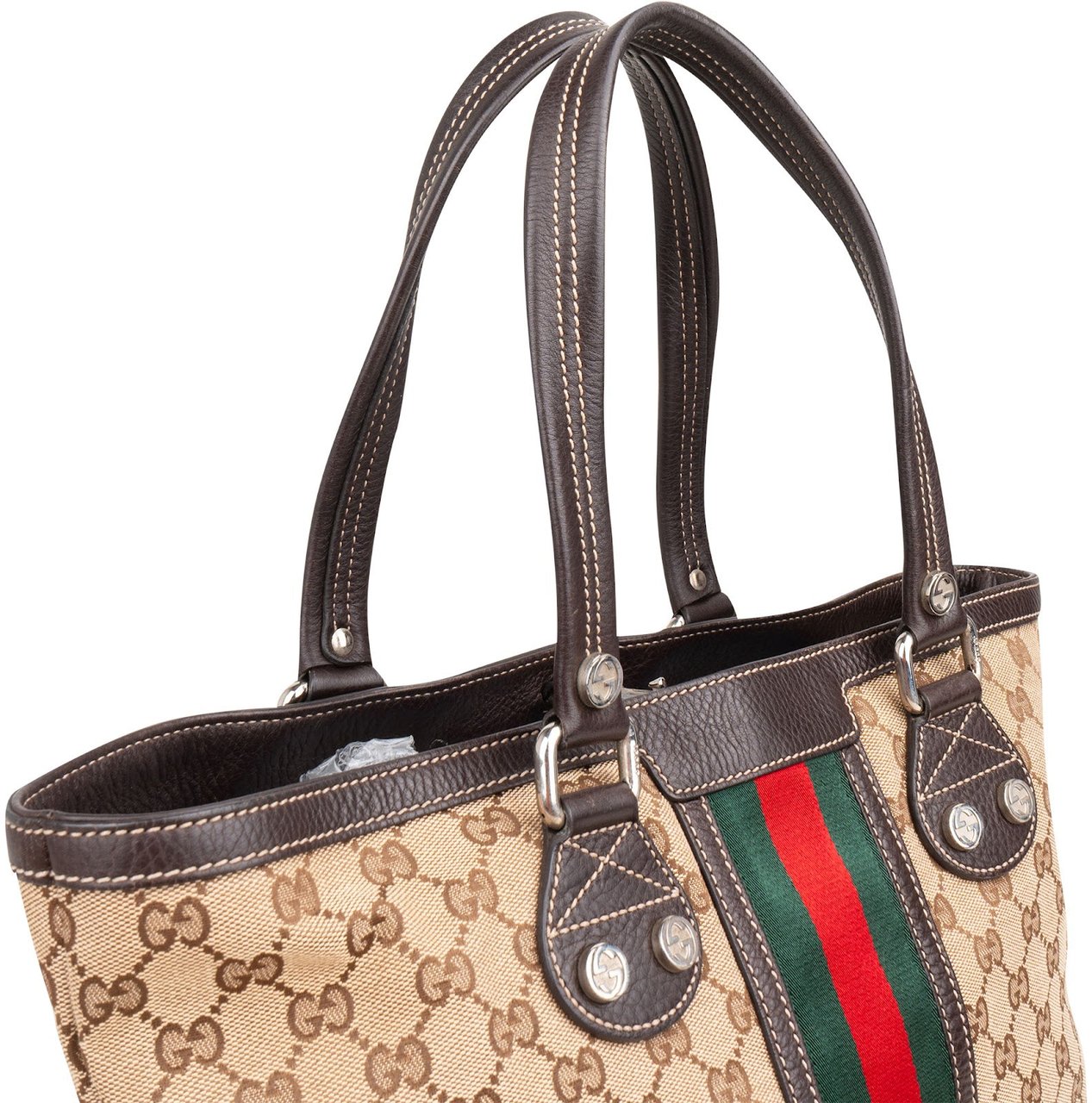 Gucci Monogram GG Canvas Web Detail Tote Shoulder Bag Beige