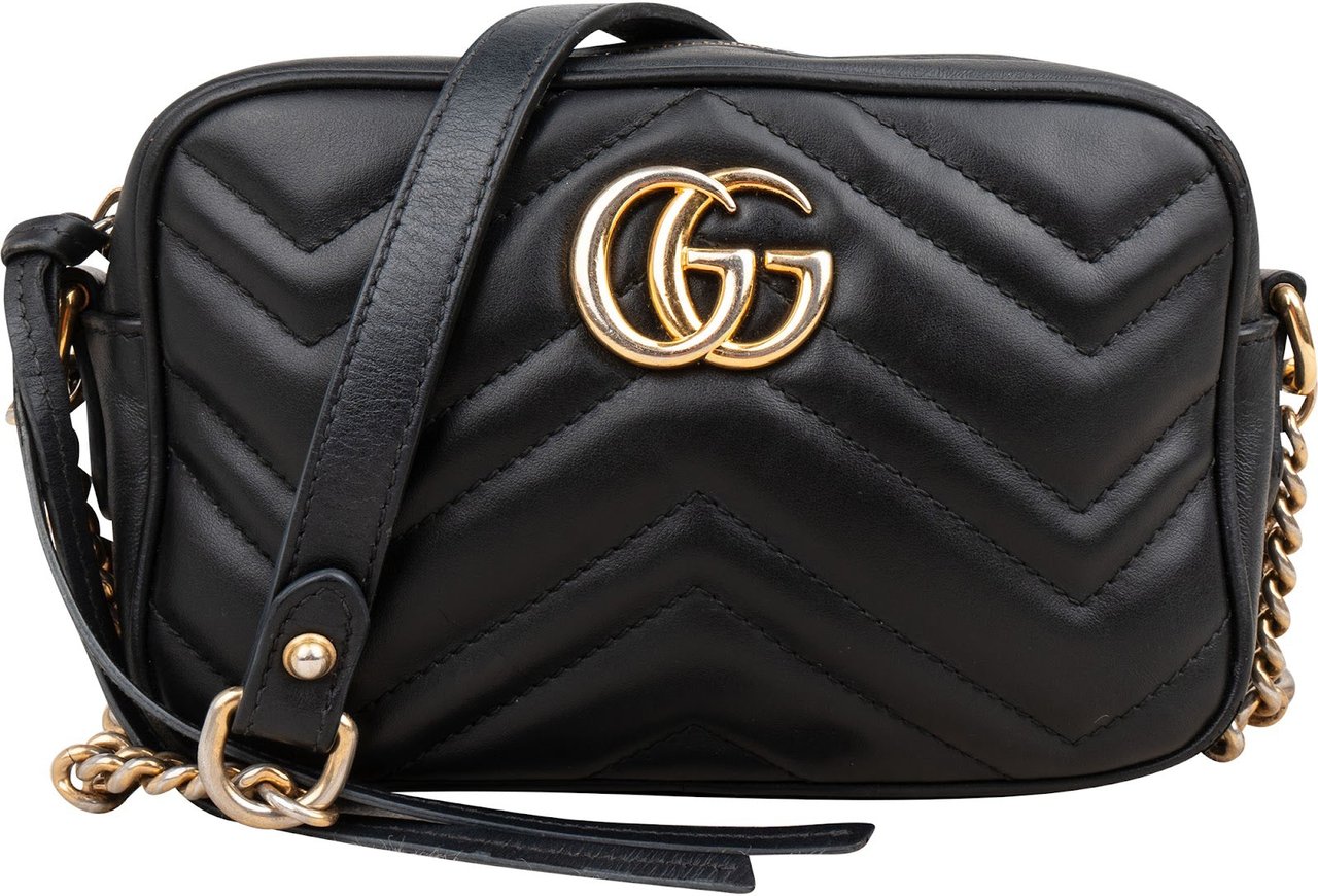 Gucci Matelassé Leather GG Marmont Mini Camera Crossbody Bag Zwart