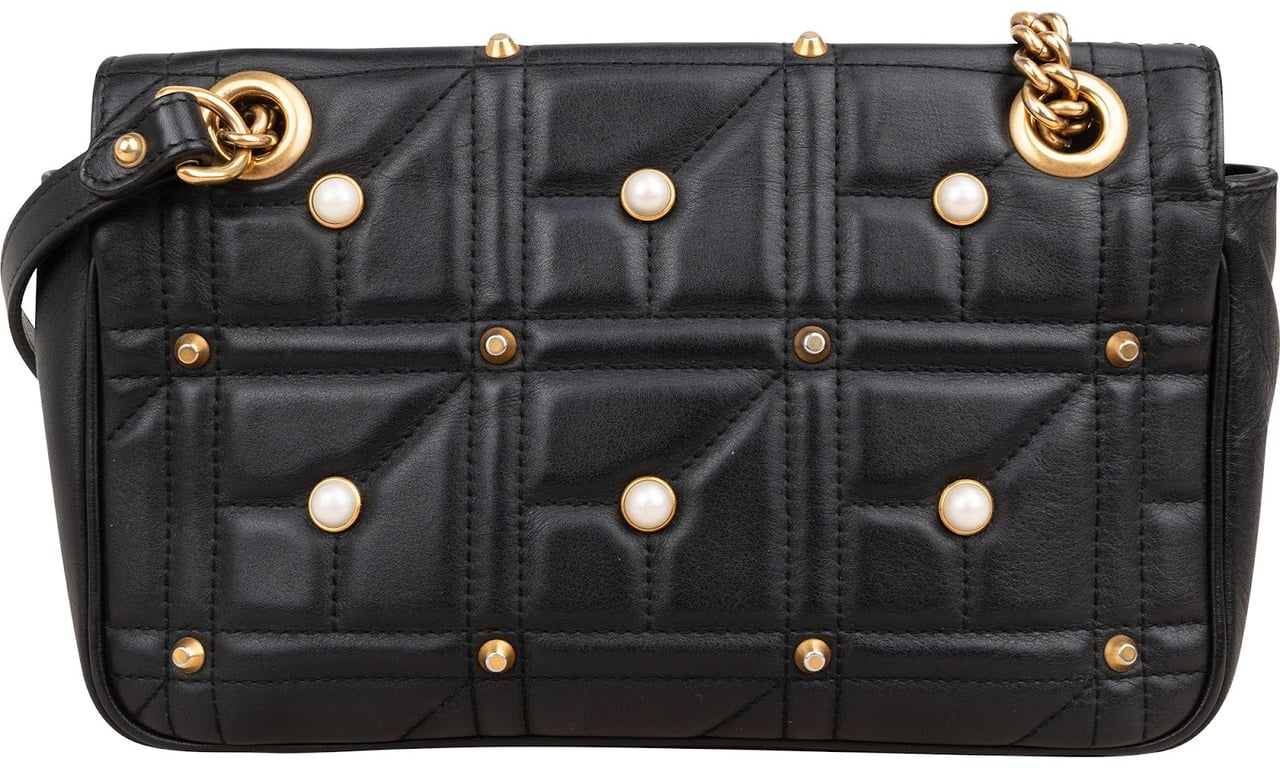 Gucci Quilted Leather GG Marmont Pearly Studs Shoulder Crossbody Bag Zwart