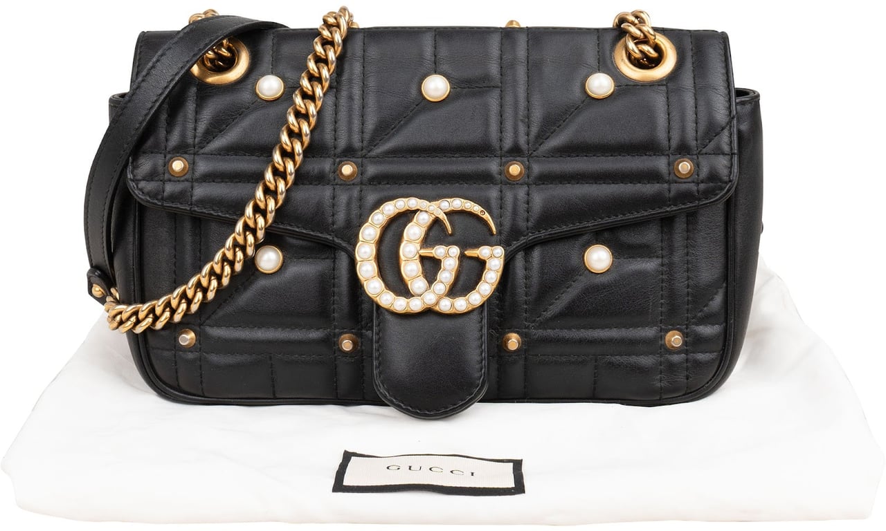 Gucci Quilted Leather GG Marmont Pearly Studs Shoulder Crossbody Bag Zwart