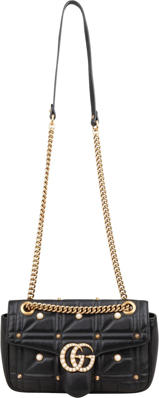 Gucci Quilted Leather GG Marmont Pearly Studs Shoulder Crossbody Bag Zwart