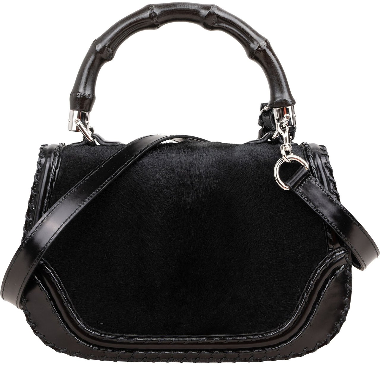 Gucci Black Leather Pony Hair New Bamboo Top Handle Crossbody Bag Zwart