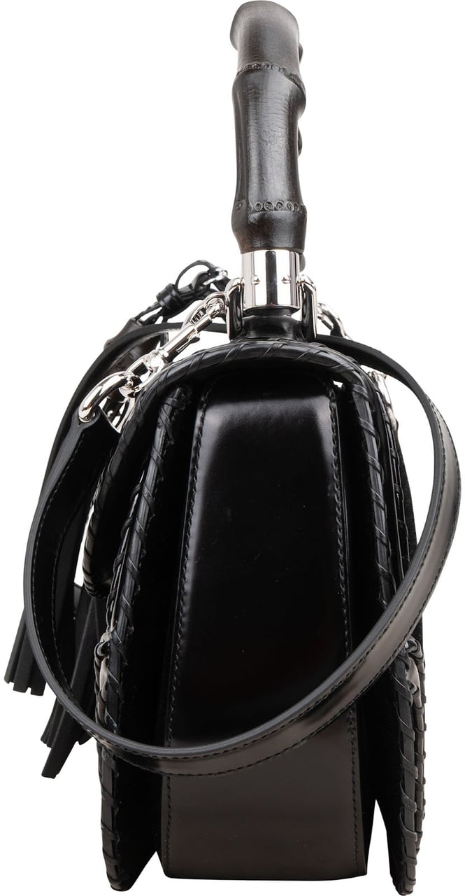 Gucci Black Leather Pony Hair New Bamboo Top Handle Crossbody Bag Zwart