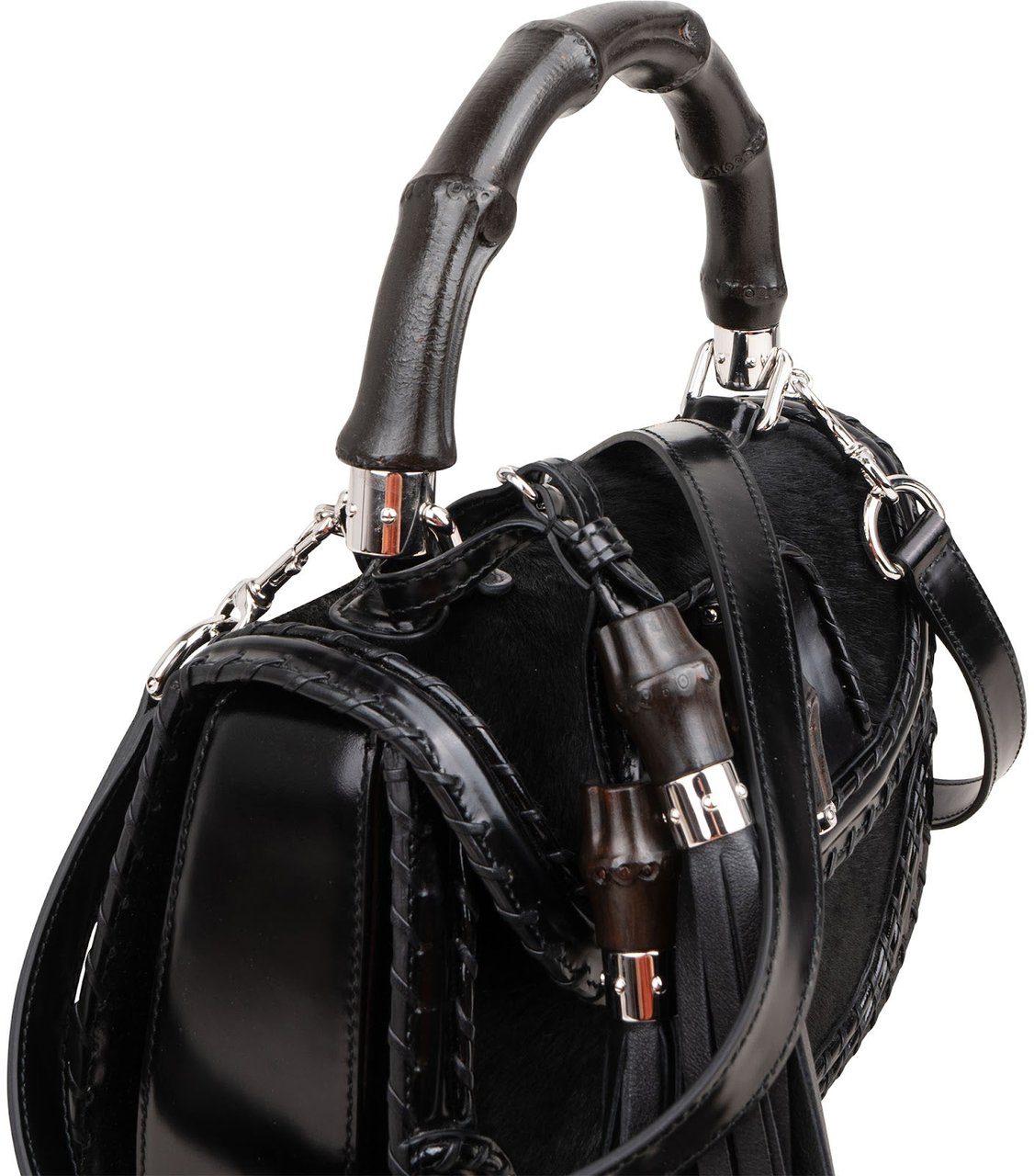 Gucci Black Leather Pony Hair New Bamboo Top Handle Crossbody Bag Zwart