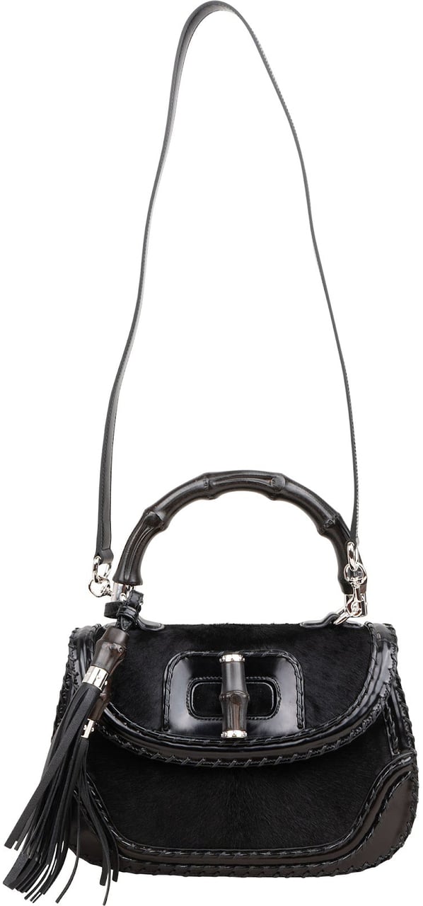Gucci Black Leather Pony Hair New Bamboo Top Handle Crossbody Bag Zwart