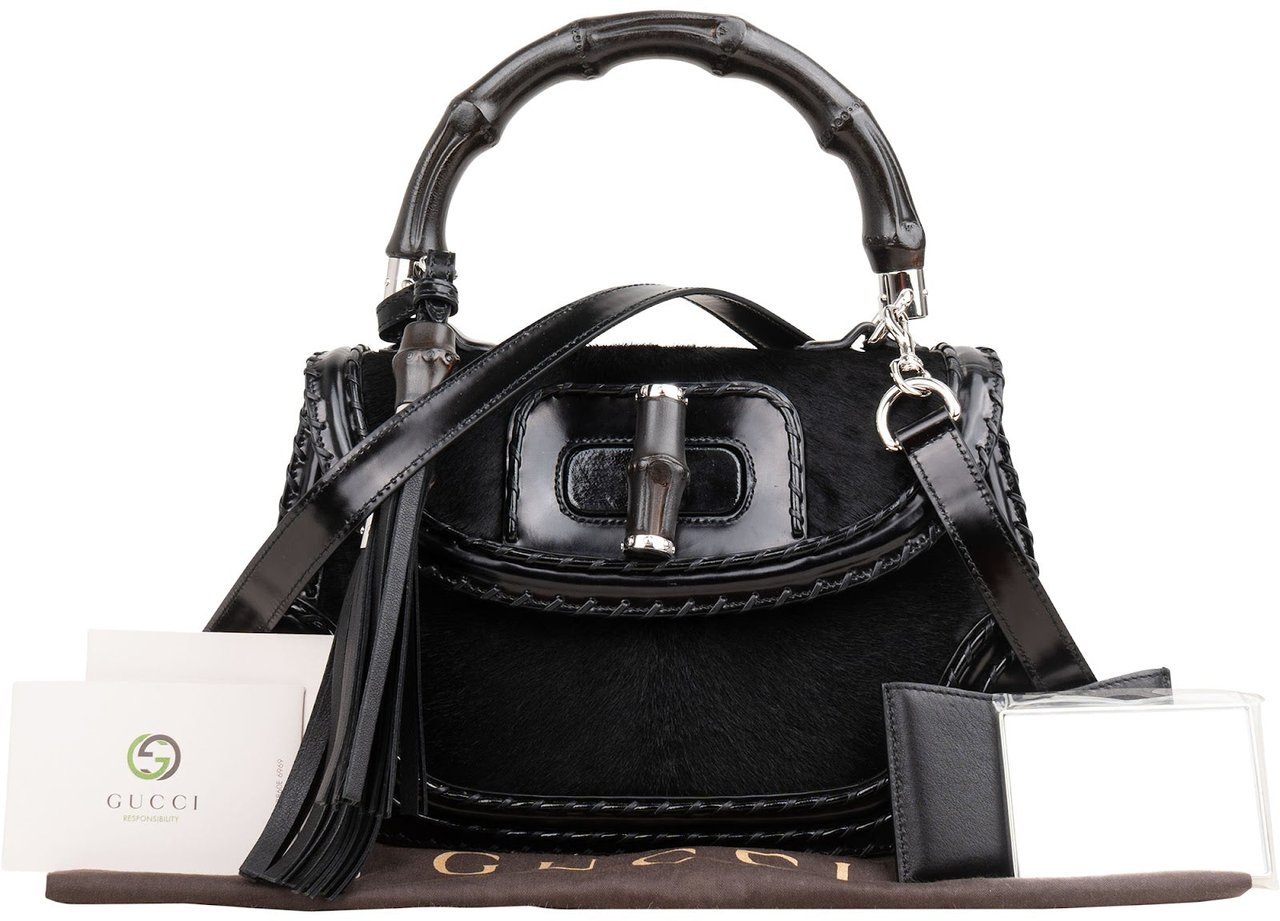 Gucci Black Leather Pony Hair New Bamboo Top Handle Crossbody Bag Zwart