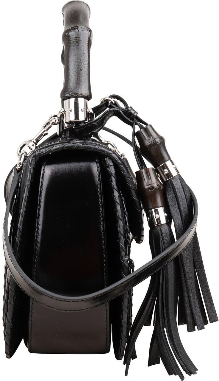 Gucci Black Leather Pony Hair New Bamboo Top Handle Crossbody Bag Zwart