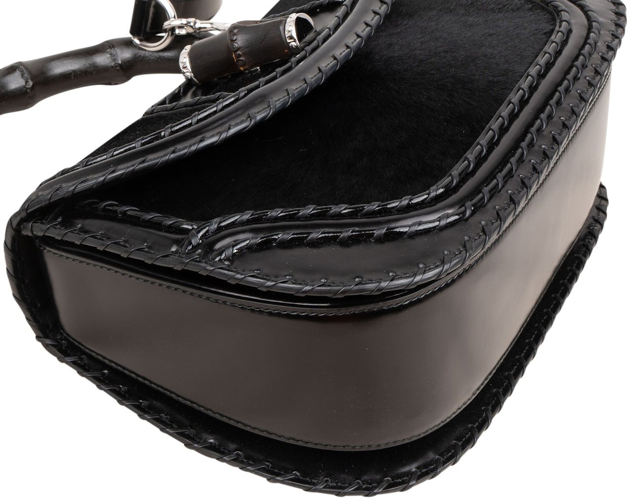 Gucci Black Leather Pony Hair New Bamboo Top Handle Crossbody Bag Zwart