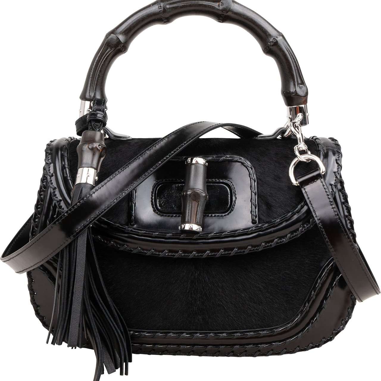 Gucci Black Leather Pony Hair New Bamboo Top Handle Crossbody Bag Zwart