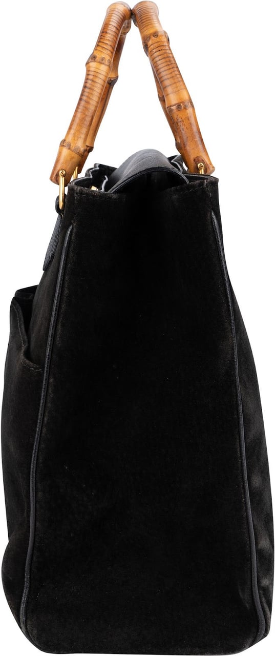 Gucci Suede Bamboo Handle Tote Handbag Zwart