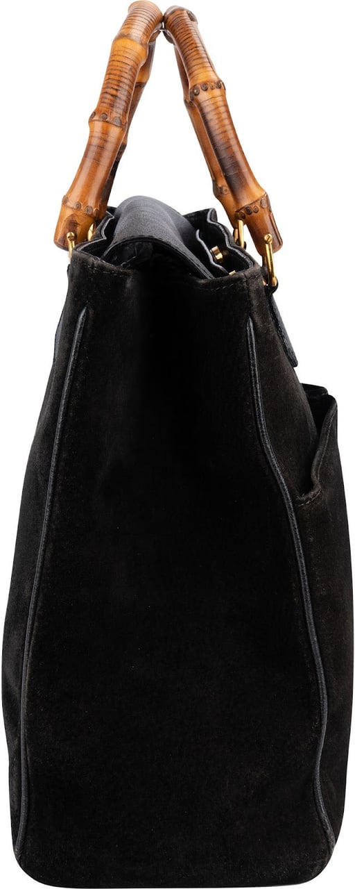 Gucci Suede Bamboo Handle Tote Handbag Zwart