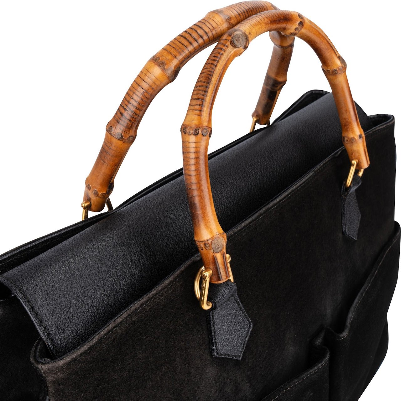 Gucci Suede Bamboo Handle Tote Handbag Zwart