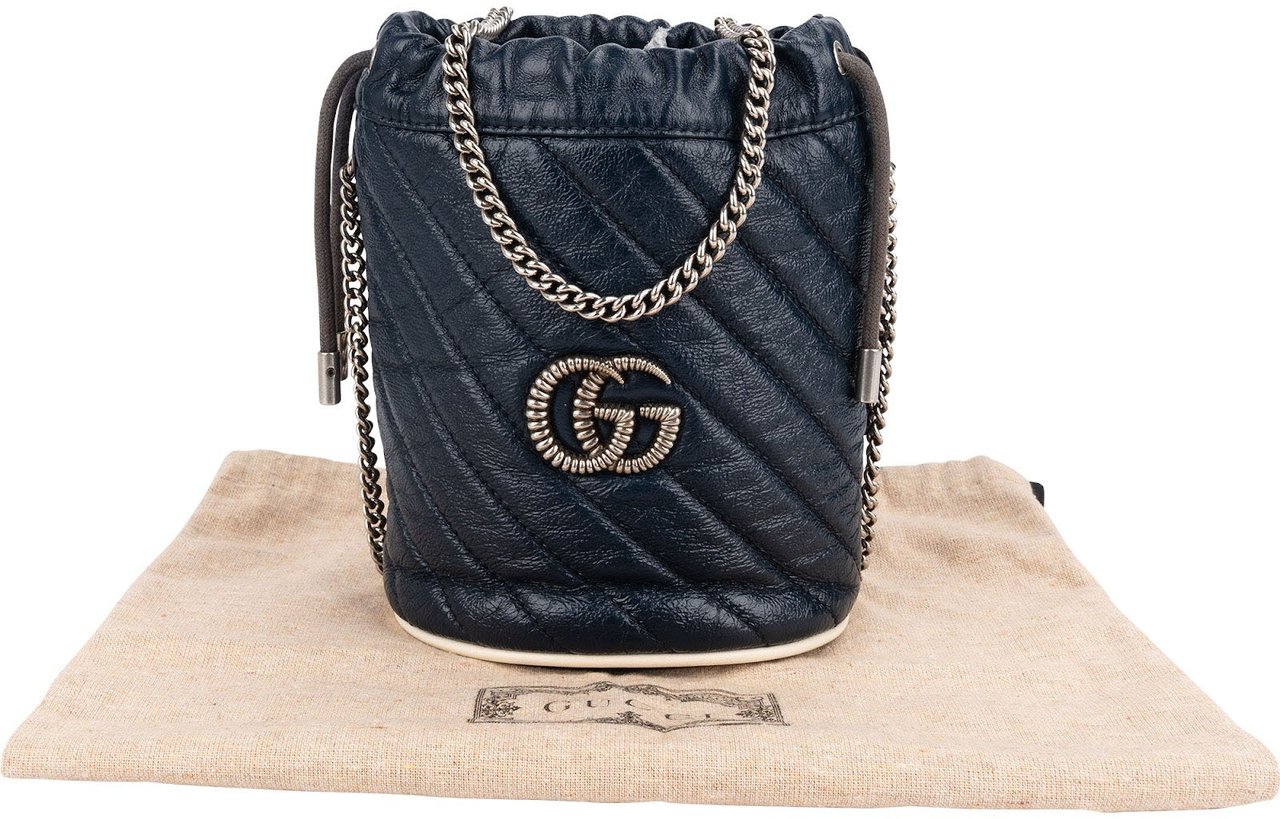 Gucci Matelassé Chevron Leather GG Marmont Mini Bucket Crossbody Bag Navy