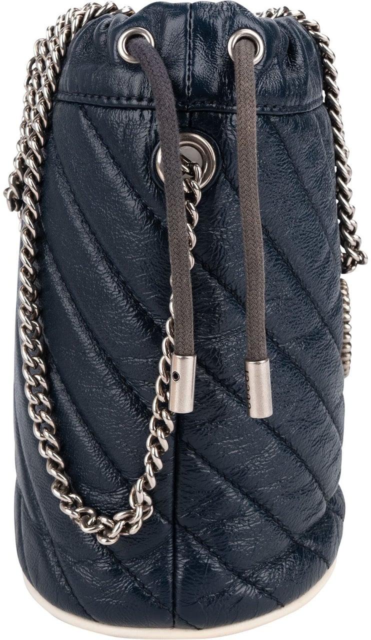Gucci Matelassé Chevron Leather GG Marmont Mini Bucket Crossbody Bag Navy