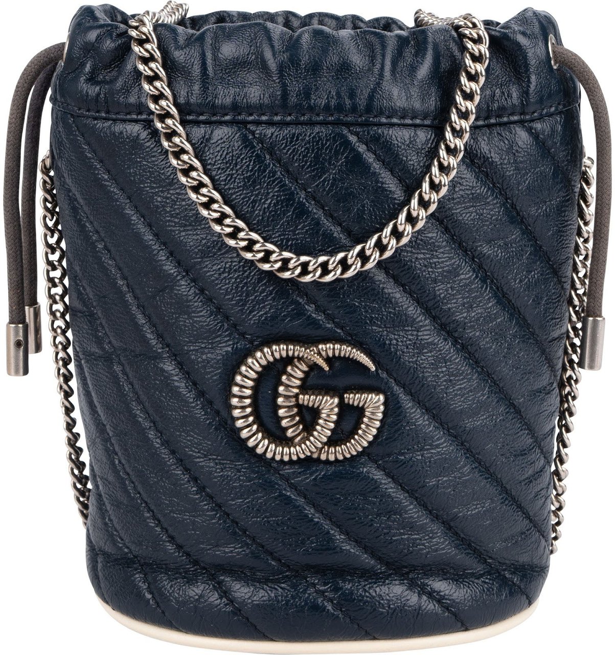Gucci Matelassé Chevron Leather GG Marmont Mini Bucket Crossbody Bag Navy