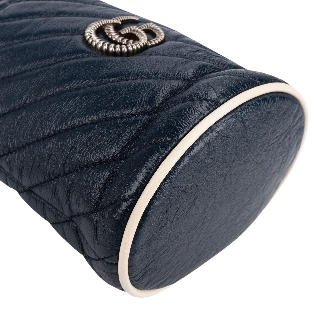 Gucci Matelassé Chevron Leather GG Marmont Mini Bucket Crossbody Bag Navy