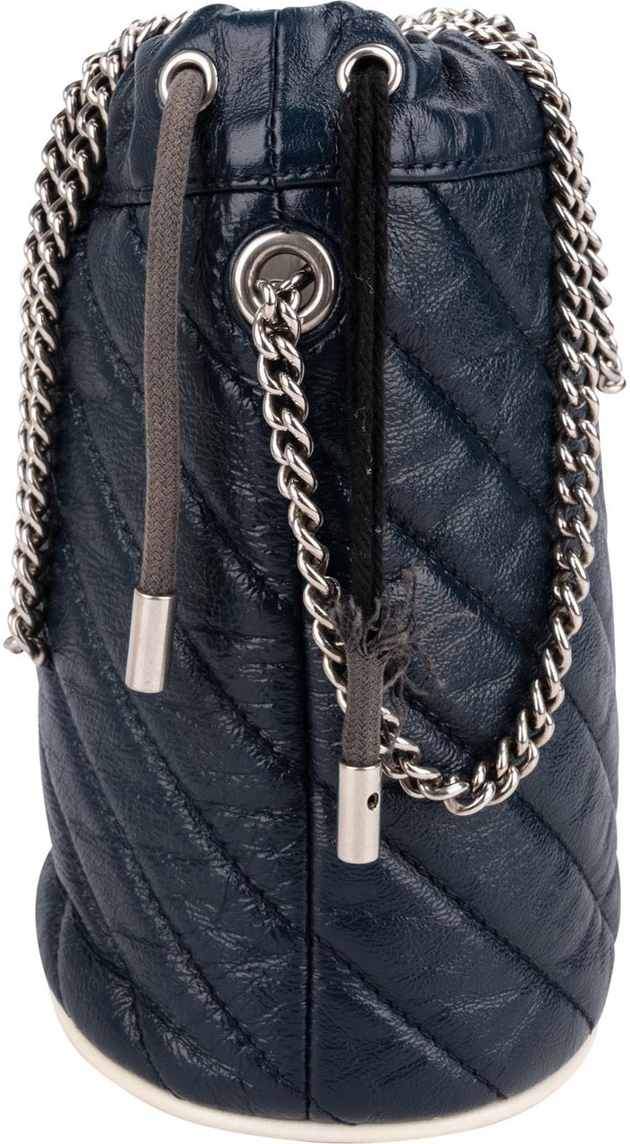 Gucci Matelassé Chevron Leather GG Marmont Mini Bucket Crossbody Bag Navy