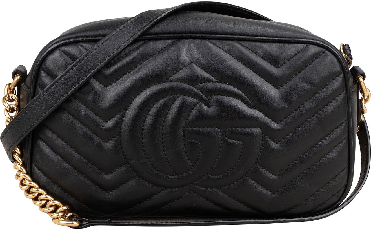 Gucci Chevron Leather GG Marmont Camera Crossbody Bag Zwart