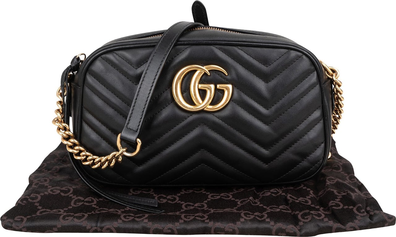 Gucci Chevron Leather GG Marmont Camera Crossbody Bag Zwart