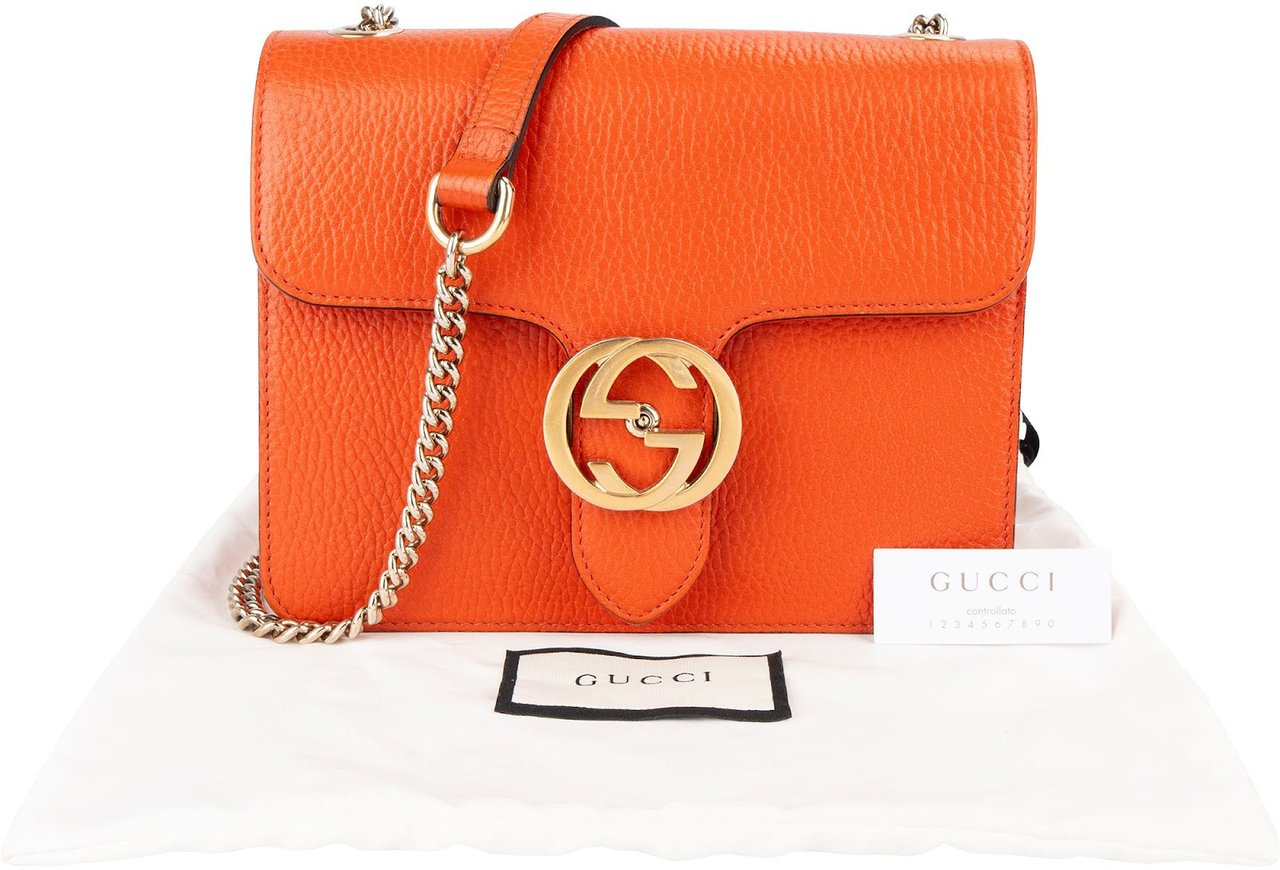 Gucci Pebbled Calfskin Interlocking GG Small Shoulder Crossbody Bag Oranje