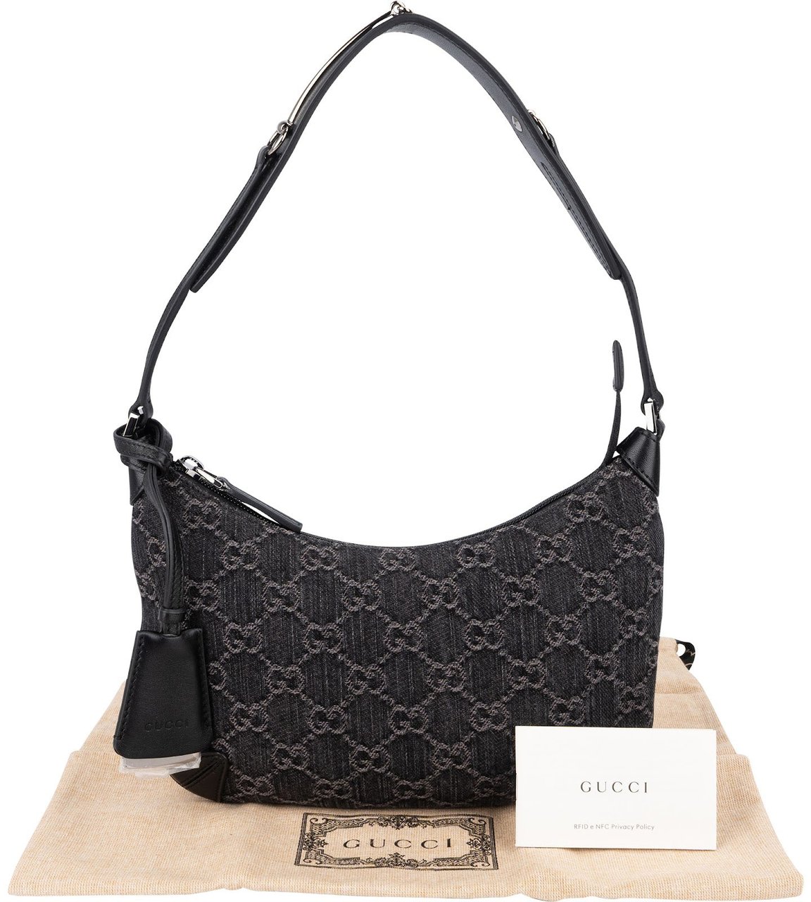 Gucci Monogram GG Denim Horsebit Hobo Shoulder Bag Zwart